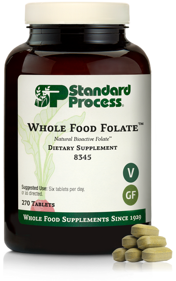 An image of a bottle of Whole Food Folate, next to 6 tablets. 