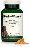 A bottle of Canine Musculoskeletal Support, a powder supplement for dogs’ muscles, ligaments and bone health, next to an image of the powder supplement.