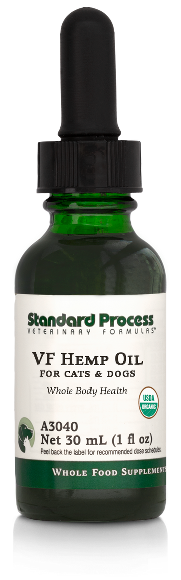 Image of a bottle of liquid VF Hemp Oil from Standard Process Veterinary Formulas next to a dropper that is included with the bottle.