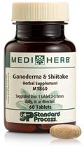 A bottle of Ganoderma & Shiitake herbal supplement next to a tablet.