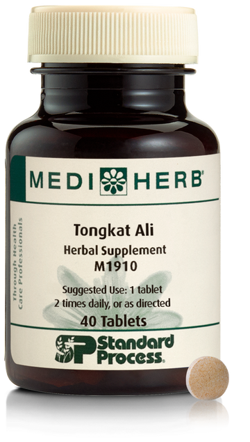 A bottle of MediHerb® Tongkat Ali, a testosterone support supplement for older men, next to a tablet of the supplement.